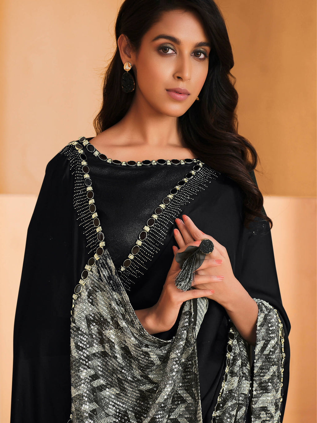 Black Satin Crepe Silk Sequence Embroidered Saree With Unstitched Blouse - Mohmanthan Yavanika | Grocsy