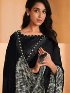 Black Satin Crepe Silk Sequence Embroidered Saree With Unstitched Blouse - Mohmanthan Yavanika | Grocsy