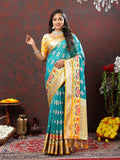 Lorenvalley Fashion Teal Organza Silk Woven Design with Meenakari Weaving Saree | Grocsy