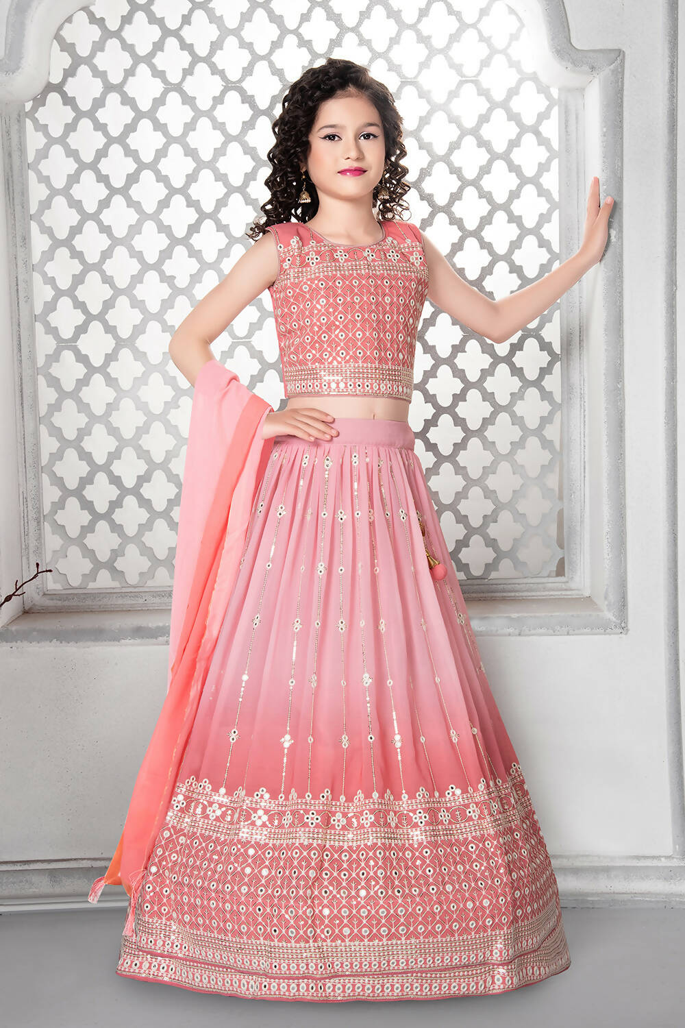 Kids Wedding Designer Peach Fox Georgette Lehenga Choli - Aaradhna | Grocsy