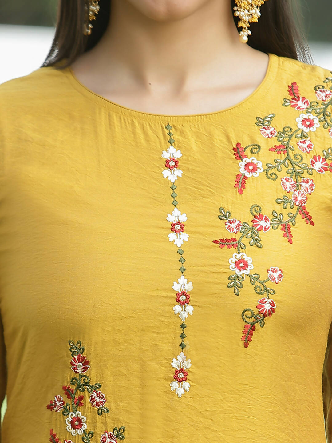 Juniper Mustard Mono Viscose Festive Wear Embroidered Straight Kurta Palazzo Dupatta Set | Grocsy