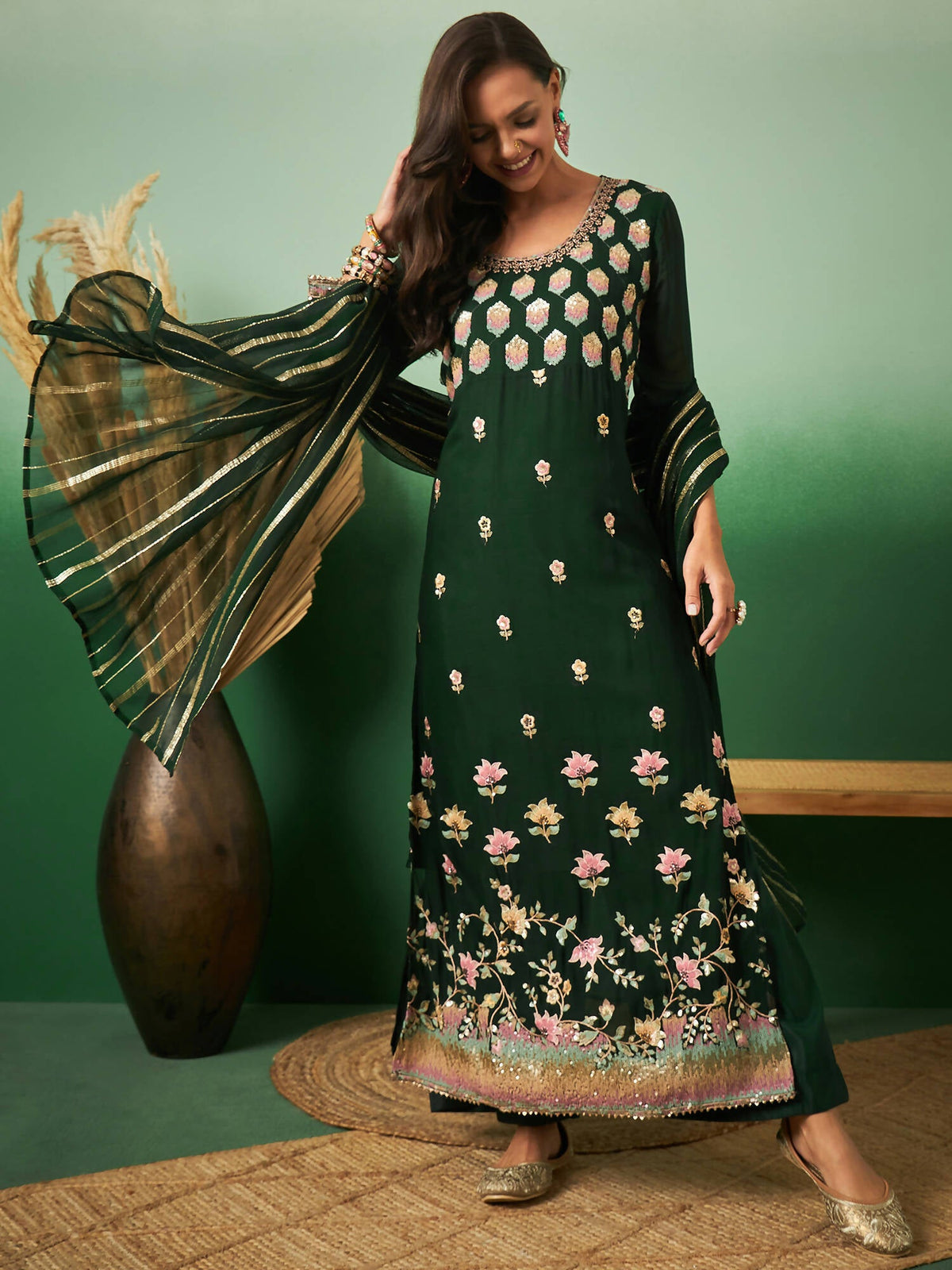 Green Georgette Handwork Unstitched Dress Material - Hanika | Grocsy