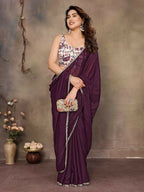 PR Fashion Wine Star Georgette Solid Georgette With Mirror Border Saree | Grocsy