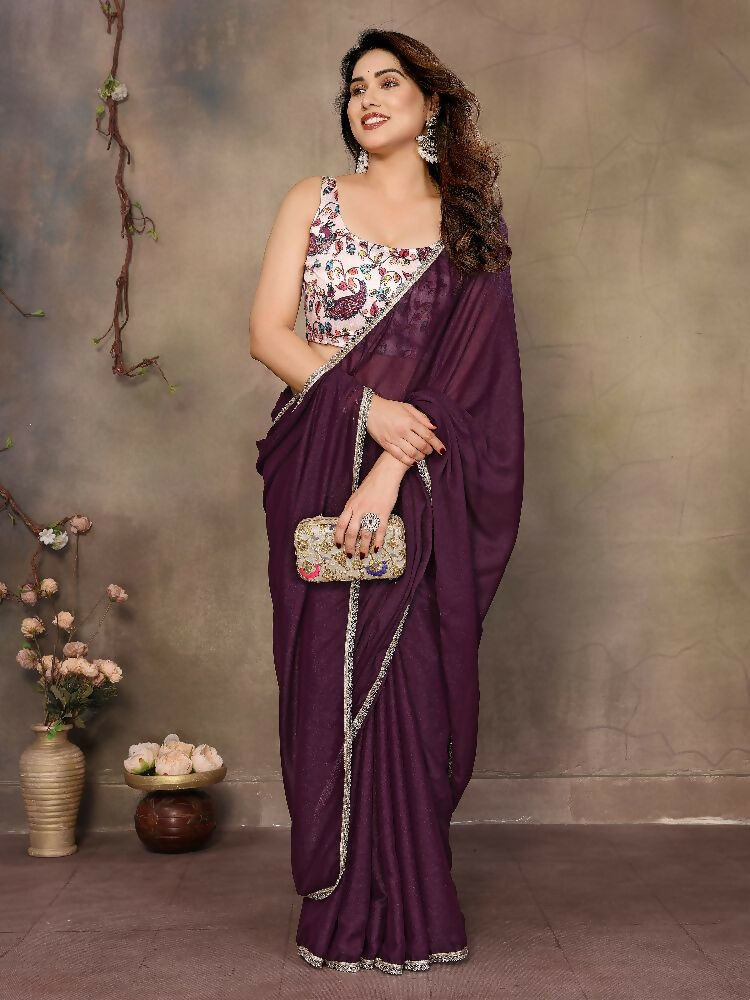 PR Fashion Wine Star Georgette Solid Georgette With Mirror Border Saree | Grocsy