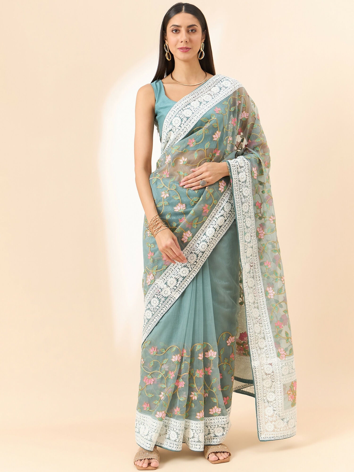 Blue Organza Floral Embroidered Saree with Unstitched Blouse Piece - Roozal | Grocsy
