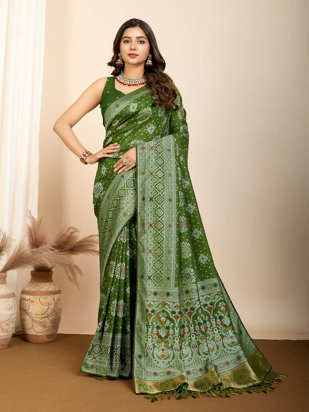 Mahendi Soft Silk Woven Meenakari Designer Saree - Vedanti | Grocsy