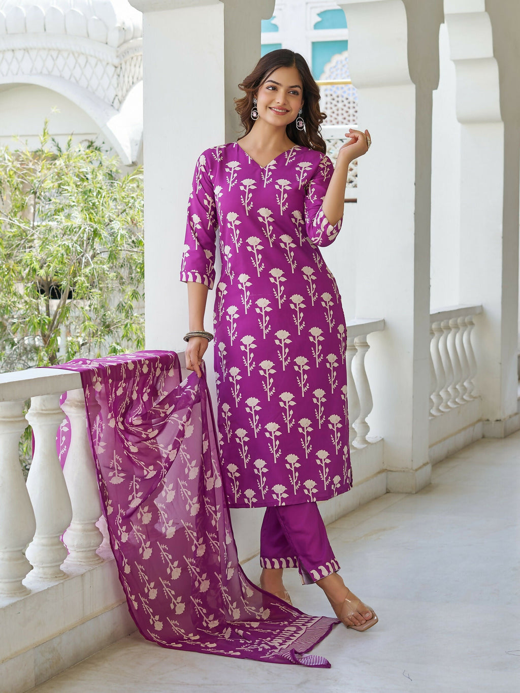 The52 Wine Women's Beautiful Cotton Blend Fabric Printed Work Straight Kurta, Pant and Dupatta Set | Grocsy