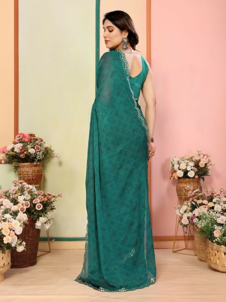 Aafreen Partywear Designer Green White Rangoli Fancy Saree | Grocsy