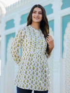 Kaajh Women's Yellow-White Floral Hand Block Printed Cotton Top | Grocsy