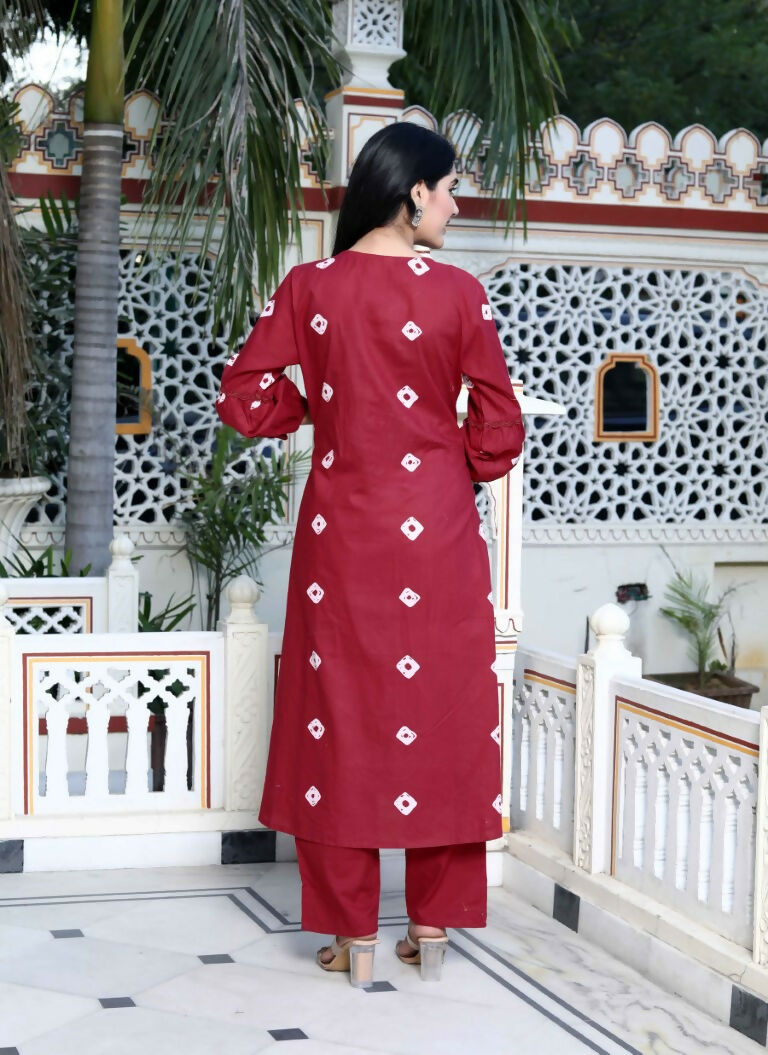 Miravan Women's Red Bandhani Printed Moti And Chikan Embroidered & Lace Work A Line Palazzo Set | Grocsy