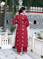 Miravan Women's Red Bandhani Printed Moti And Chikan Embroidered & Lace Work A Line Palazzo Set | Grocsy