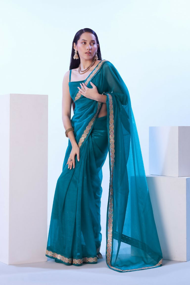 Firozi C/H Net Solid Designer & Lace Work Saree - Samaa | Grocsy