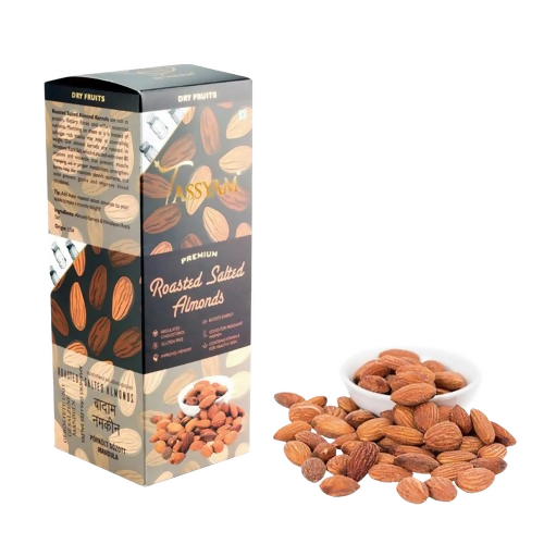 Tassyam Organics Premium Roasted Salted Almonds Namkeen Badaam Giri - Box | Grocsy
