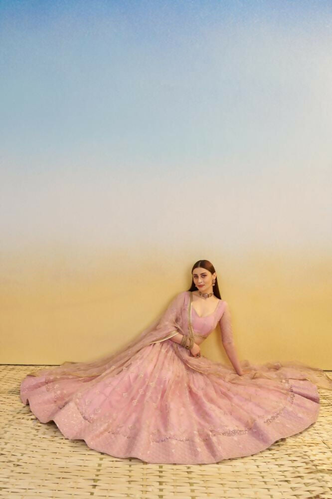 Aastha Fashion Pink Butterfly Net Tone To Tone Cotton Thread Work And Sequence Work Embroidery Wedding Wear Lehenga Choli | Grocsy