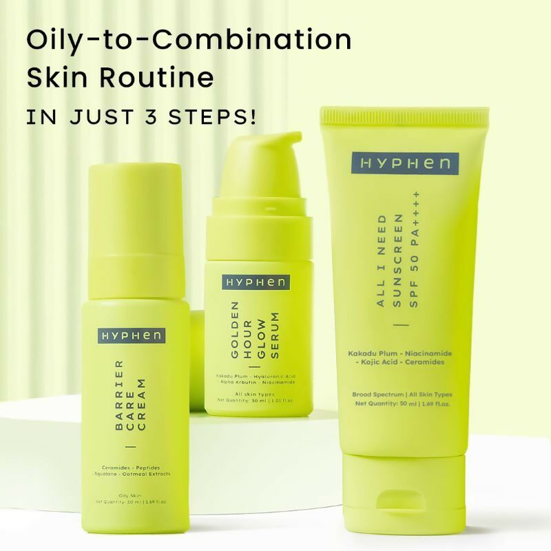 Hyphen By Kriti Sanon Daily Face Care Regime Combo - Oily & Combination Skin, with Glow Serum, Moisturizer & Sunscreen | Grocsy