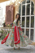 Vastranavya Multicolor Russian Silk Foil Embroidery with Zari Sequins & Digital Printed Gown Dupatta | Grocsy