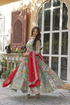 Vastranavya Multicolor Russian Silk Foil Embroidery with Zari Sequins & Digital Printed Gown Dupatta | Grocsy