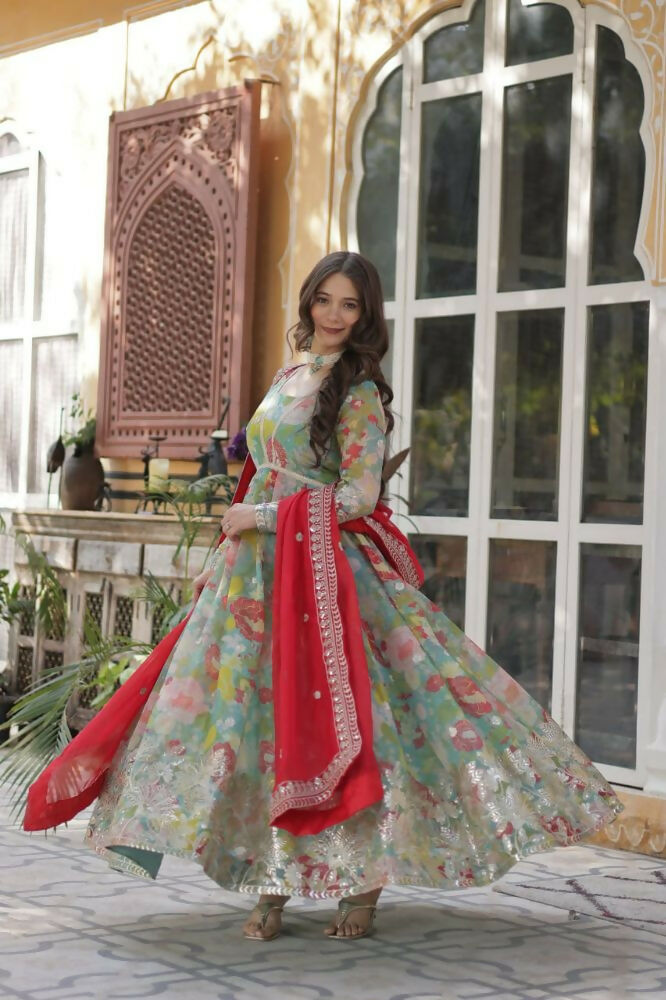 Vastranavya Multicolor Russian Silk Foil Embroidery with Zari Sequins & Digital Printed Gown Dupatta | Grocsy