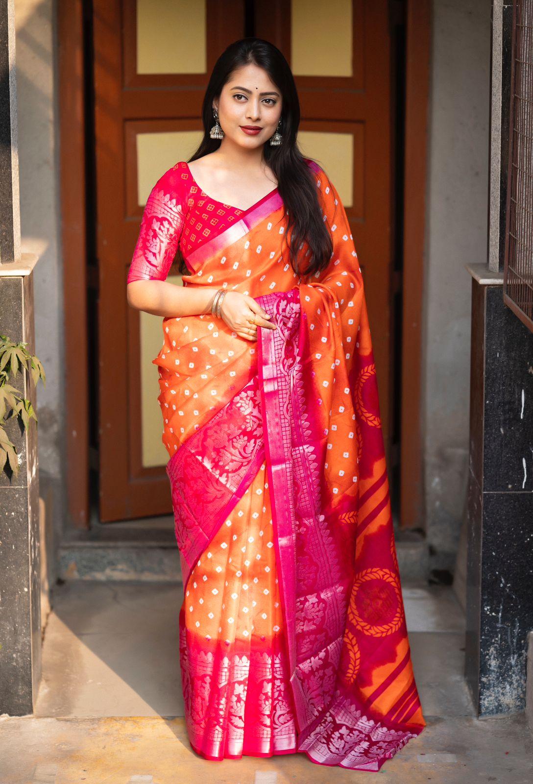 Orange Jute Silk Printed Saree with Unstitched Blouse - Hiral Fashion | Grocsy
