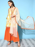 Ahalyaa Women's Orange Crepe Printed Kurta Sharara Set With Dupatta | Grocsy
