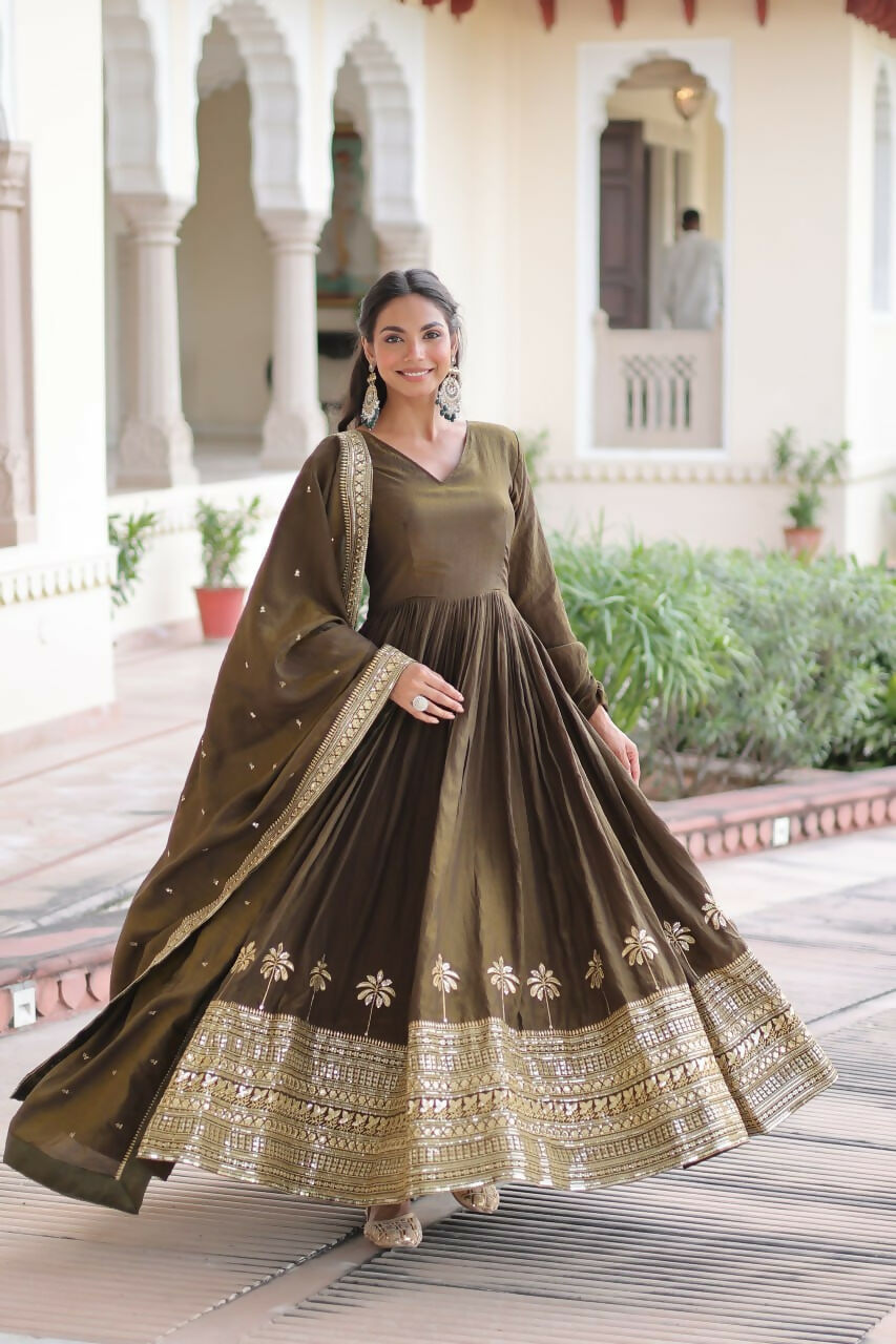 Teeya Creation Womens New Fancy Vichitra Silk With Rich Sequins Embroidered Work Gown Set | Grocsy