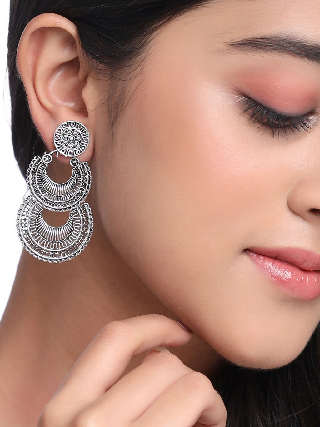 NVR Women Silver Plated Crescent Shaped Drop Earrings | Grocsy