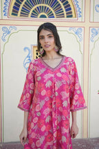 Vaasva Women Pink Muslin Pleated Kurta & Pant Clothing Set | Grocsy