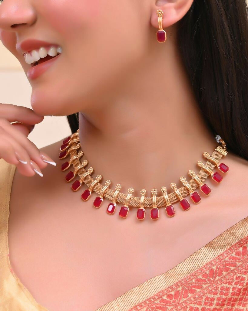 VOJ Gold-Polished Traditional Maroon Stone Studded Necklace And Earrings Set | Grocsy