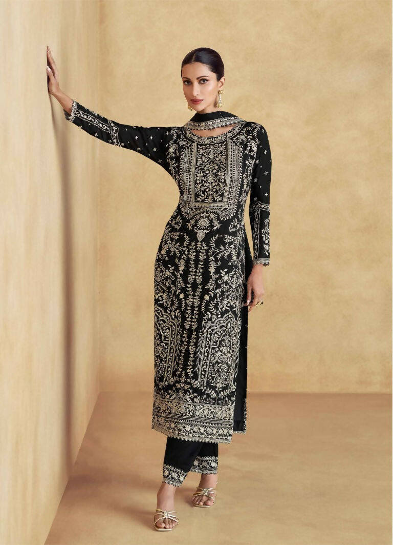 Vastranavya Black Chinon Silk Embroidered Sequins Pakistani Straight Pant Suit | Grocsy