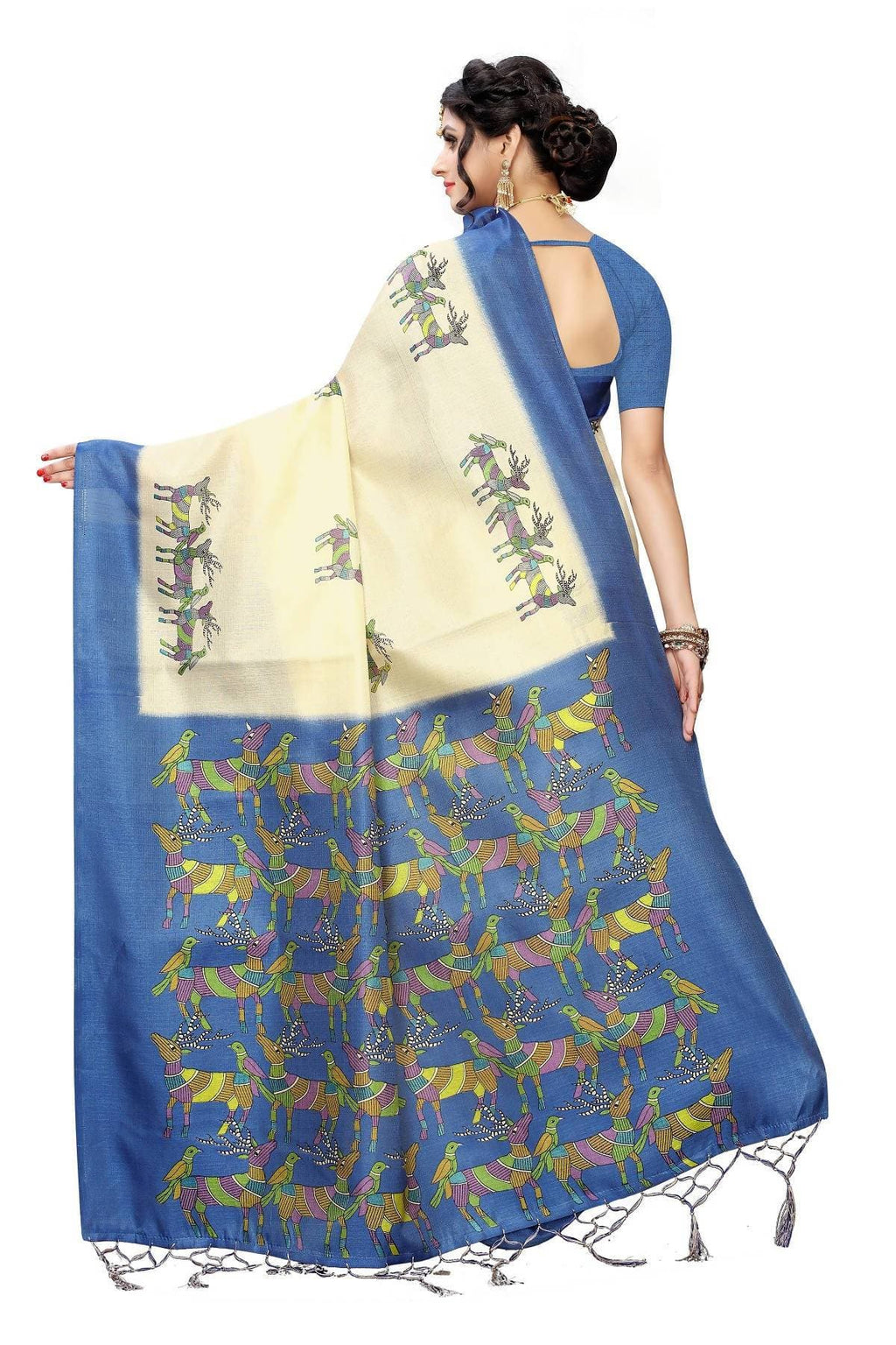 Vamika Multicolor & Blue Kalamkari With Jhalar Khadi Silk Saree | Grocsy