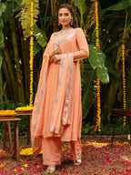 Janasya Peach Georgette Sequined Kurta,Bottom & Dupatta | Grocsy