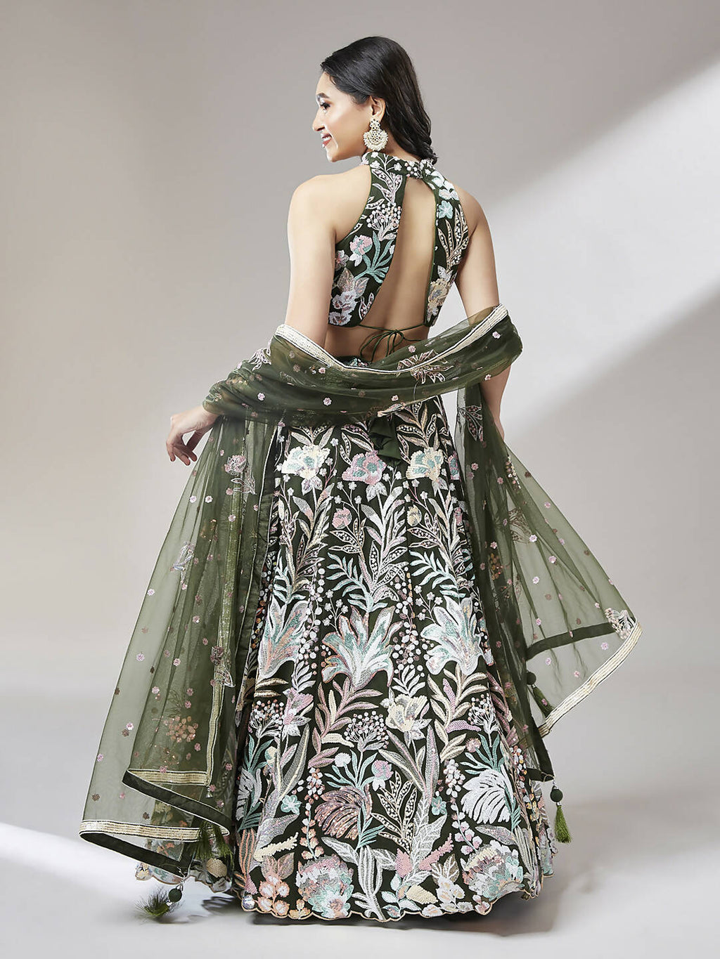 House of Panchhi Olive Net Sequinse Work Lehenga & Blouse with Dupatta | Grocsy