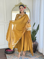 The52 Mustard Women's Gorgeous Embroidered Vichitra Silk Fabric Flared Kurta Pant with Dupatta Set | Grocsy