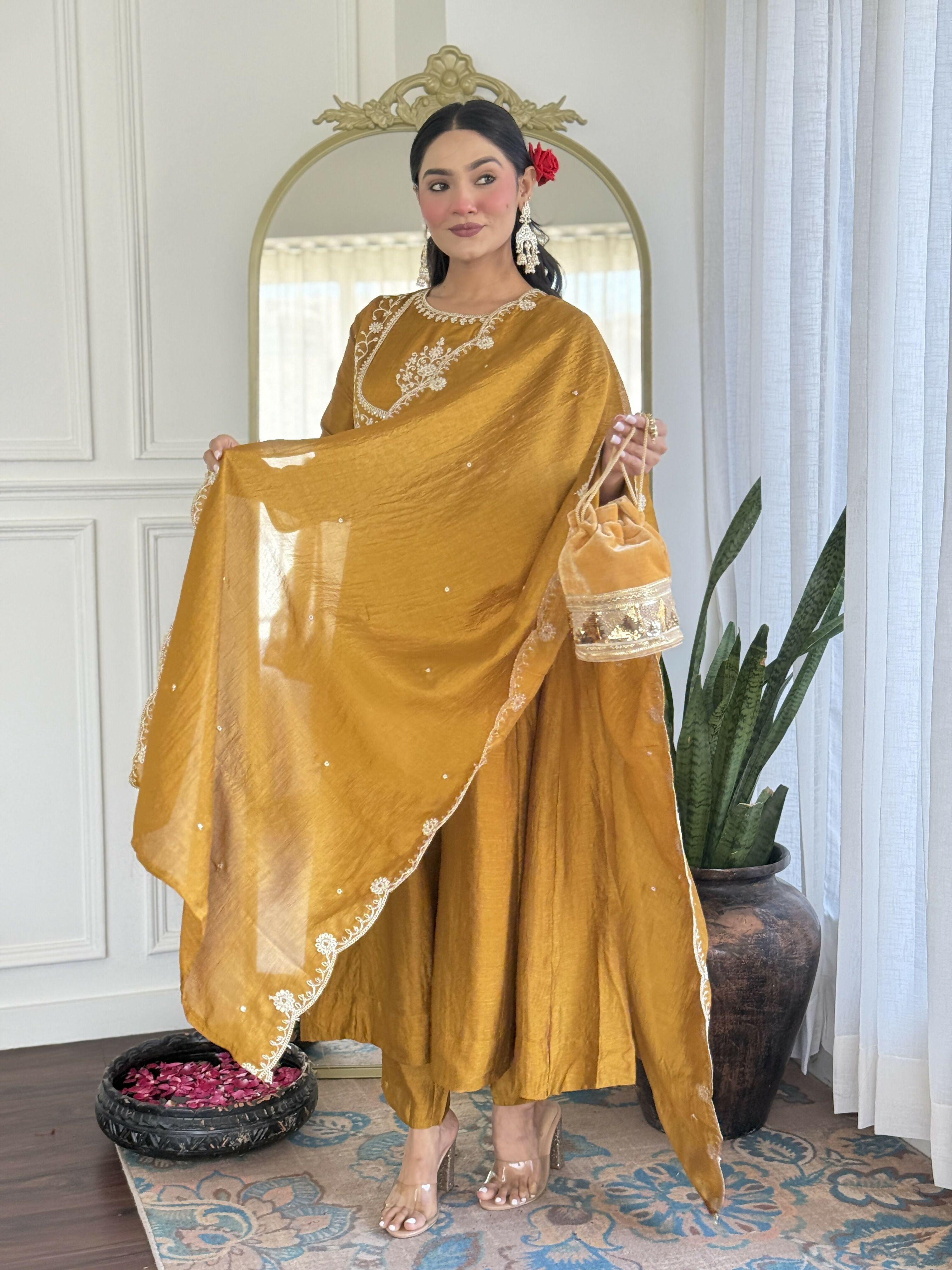 The52 Mustard Women's Gorgeous Embroidered Vichitra Silk Fabric Flared Kurta Pant with Dupatta Set | Grocsy