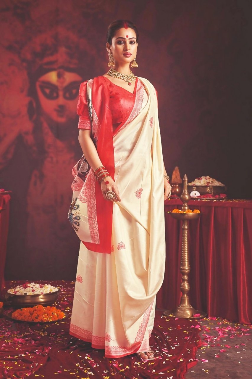 Joban Fashion Silk Blend Off White Color Garad Saree | Grocsy