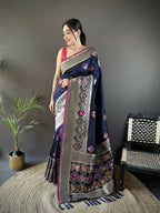Joban Fashion Navy Blue Elephant & Floral Motifs Soft Lichi Silk Banarasi Saree | Grocsy
