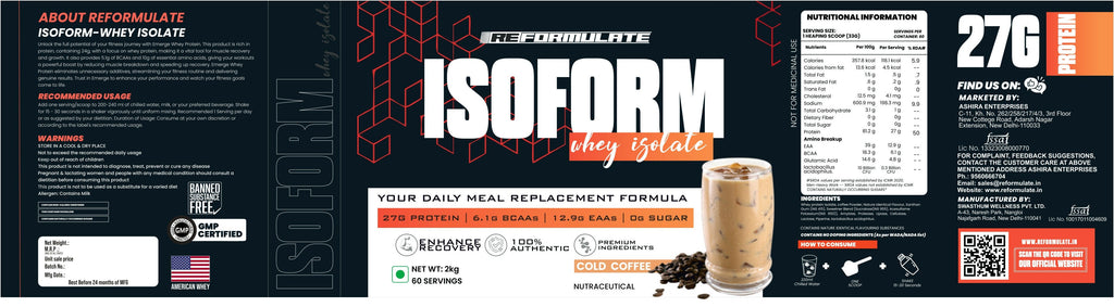 Reformulate I Isoform I Whey Isolate I Your Daily Meal Replacement Formula I 27G Protein | 6.1G BCAA | 12.9G EAA | O g Sugar - Cold Coffee | Grocsy