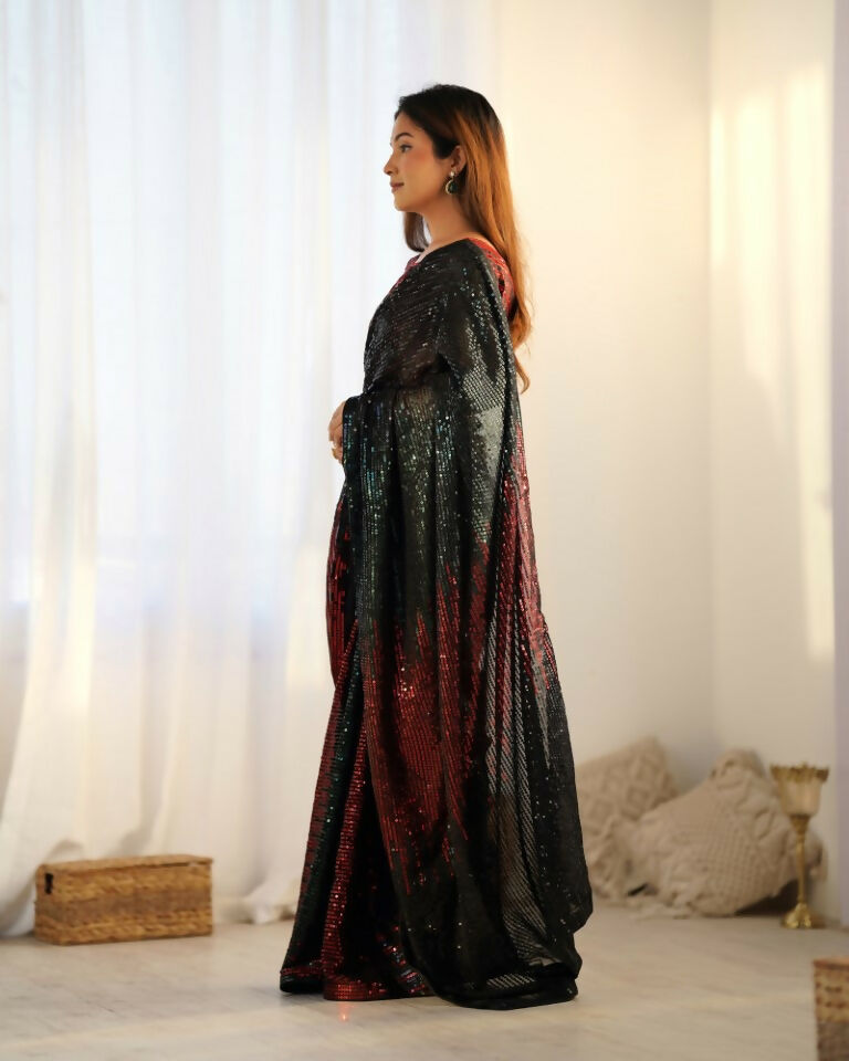 Black Georgette Designer Sequence Embroidery Work Saree - Radhe | Grocsy