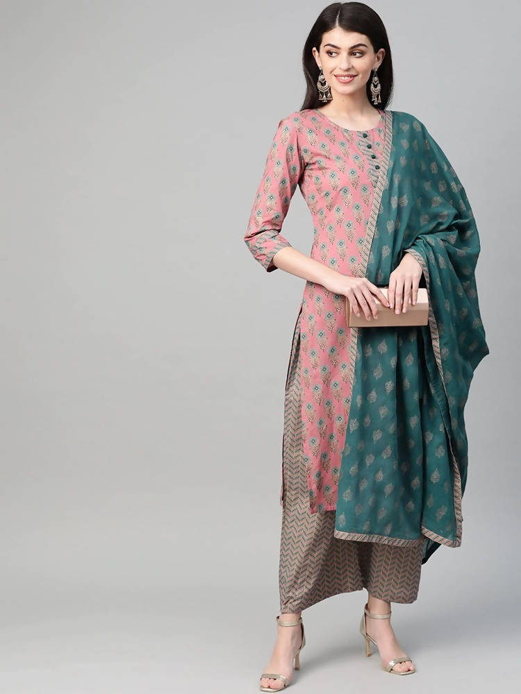 Yufta Women Pink & Blue Printed Kurta with Palazzo & Dupatta | Grocsy