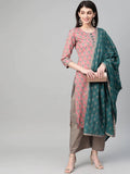 Yufta Women Pink & Blue Printed Kurta with Palazzo & Dupatta | Grocsy