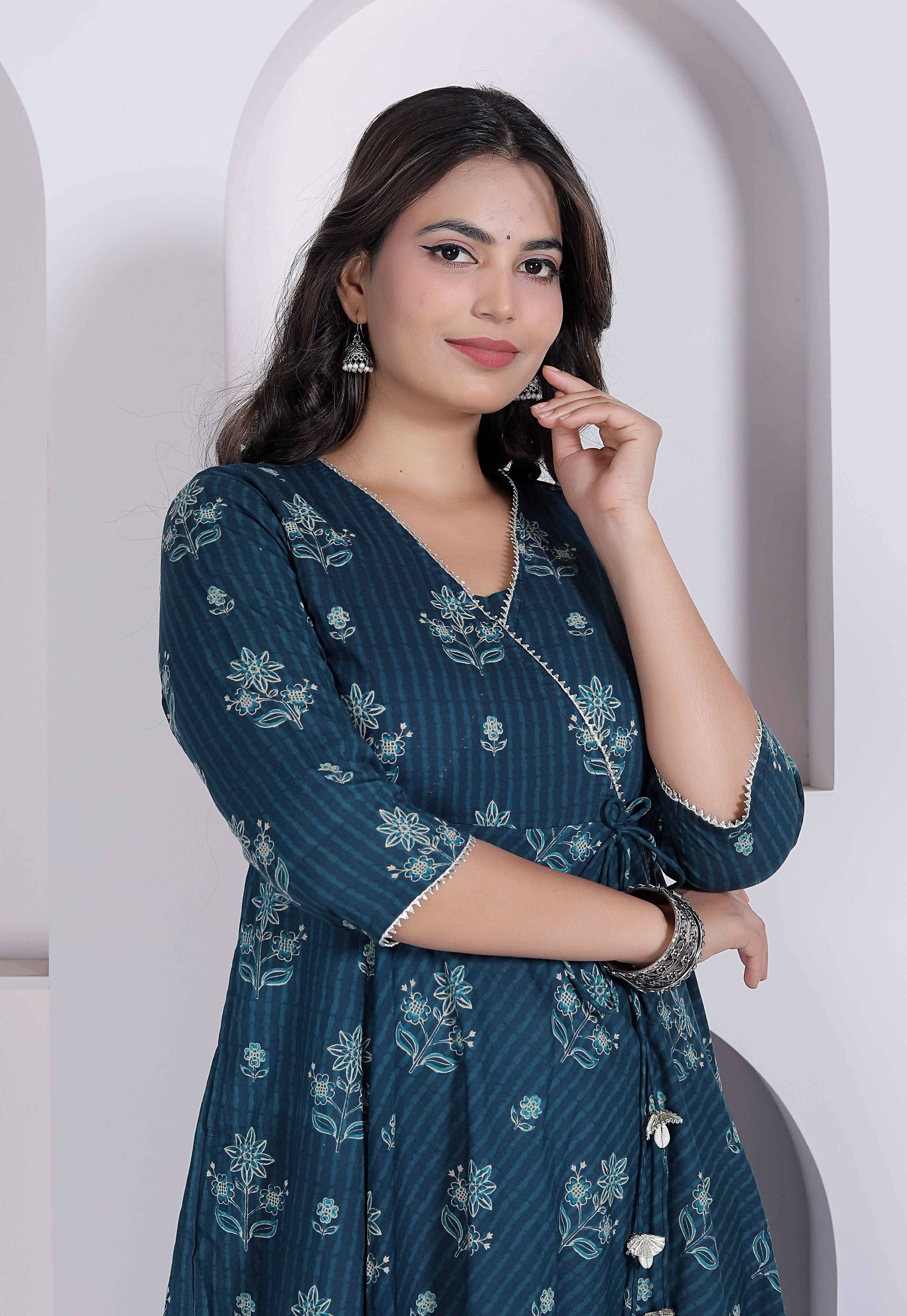 Miravan Womens Blue Ethnic Motifs Printed V-Neck Cotton Angrakha Kurta | Grocsy