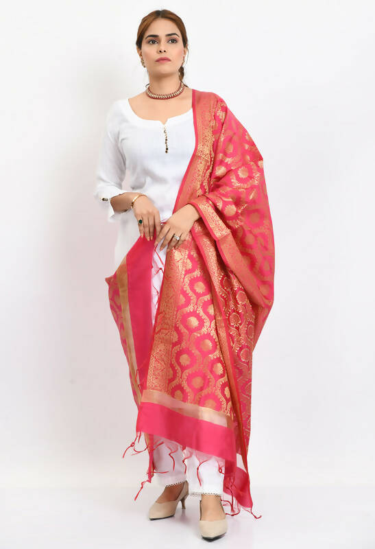 Mominos Fashion Moeza Women's Banarsi Silk All Over Woven Design Pink Dupatta | Grocsy