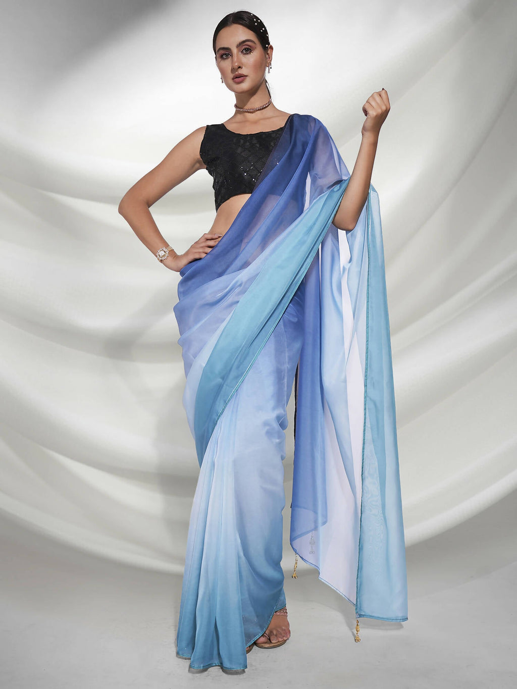 Blue Organza Solid Saree With Unstitched Blouse Piece - Shanaya | Grocsy