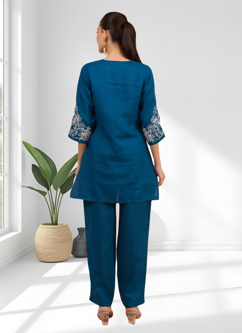 Joban Fashion Teal Linen Embroidered Readymade Cord Set | Grocsy