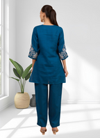 Joban Fashion Teal Linen Embroidered Readymade Cord Set | Grocsy
