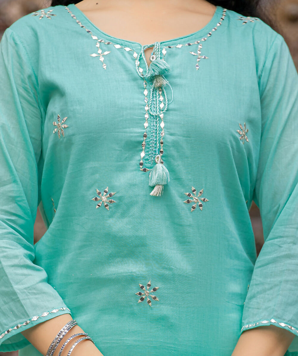 Kaajh Women's Sky Blue Mirror Embellished Cotton Suit Set | Grocsy