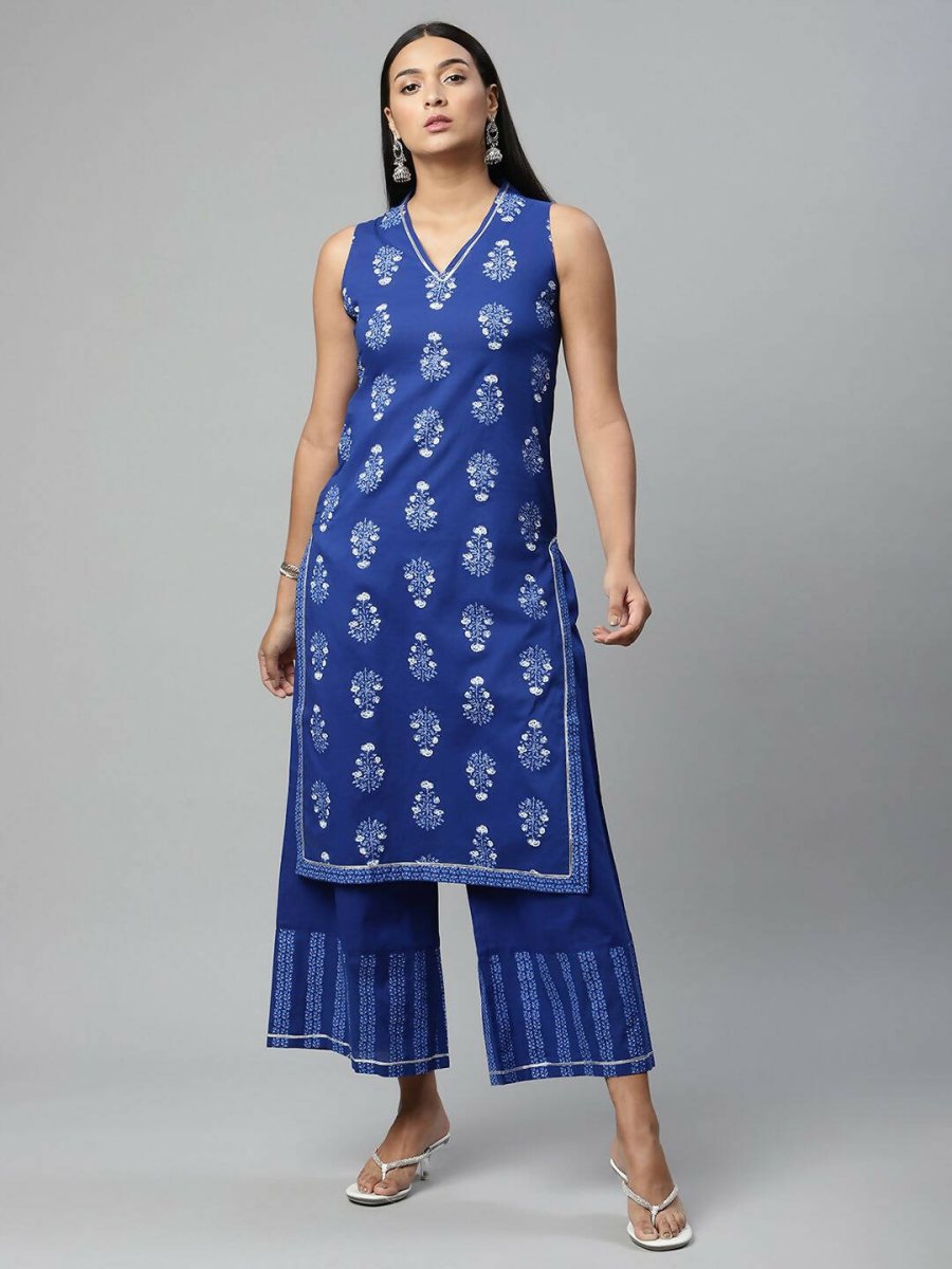 Ahalyaa Womens Indigo Blue Pure Cotton Printed Kurta Palazzo Set | Grocsy