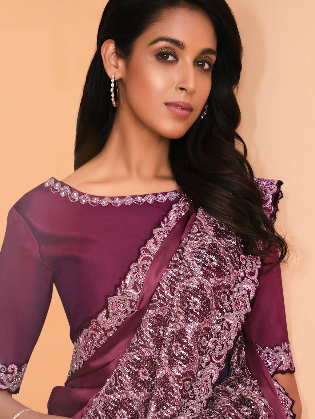 Maroon Satin Crepe Silk Sequence Embroidered Saree With Unstitched Blouse - Mohmanthan Yavanika | Grocsy