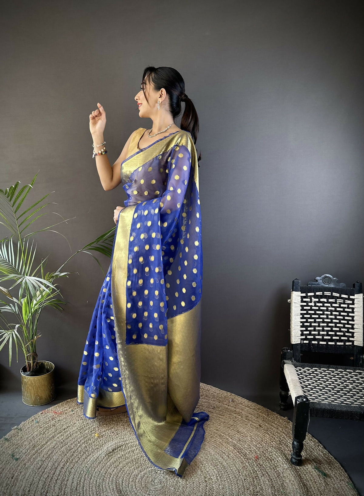 Joban Fashion Royal Blue Polka-Dot Zari Woven Organza Silk Banarasi Silk Saree | Grocsy