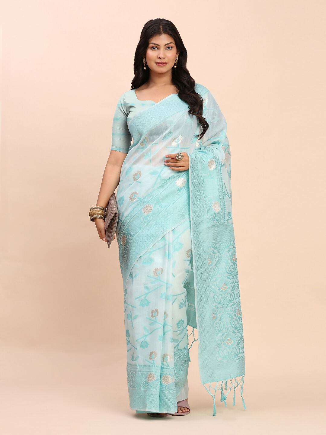 Shree Shyam Fashion Linen Cotton Sky Blue Saree | Grocsy